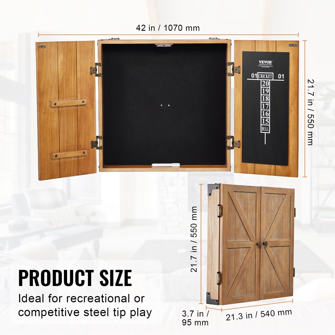 Official Size Dartboard Cabinet, Wood Hideaway Cabinet with Scoreboard and Darts